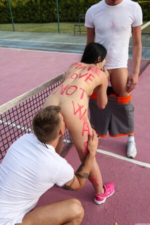 Brunette babe with small tits interrupting the tennis match