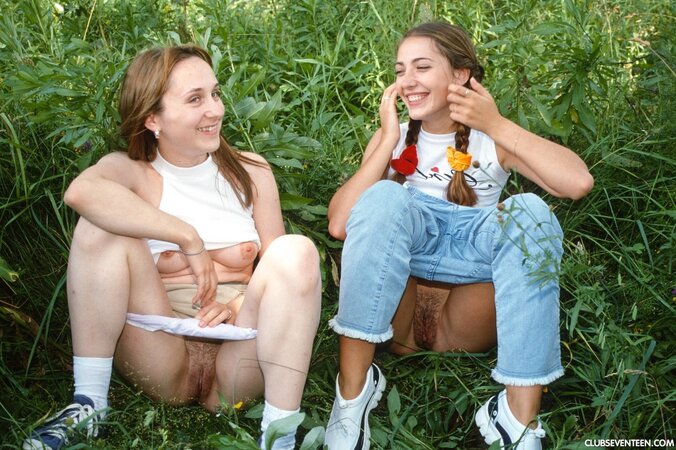 Skinny teens Sylvia F and Judy I flaunt their butts in the woods