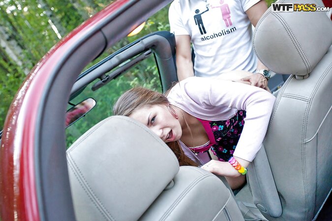 Attractive blonde with blue eyes having sex in and by the car