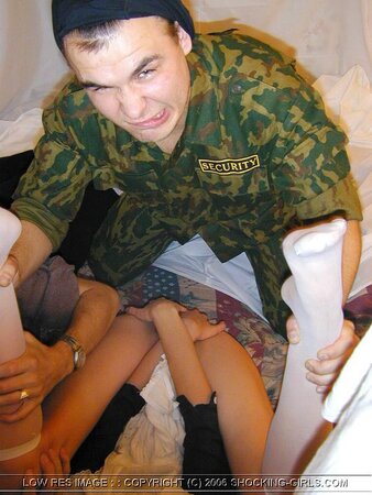 Two army men are having a threesome with a shy brunette teen