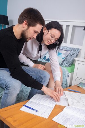 Young brunette Sheril gets wild with wearing white socks during sex with her tutor