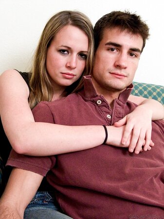 Cassie B kisses Gabe and poses naked with cum on her belly