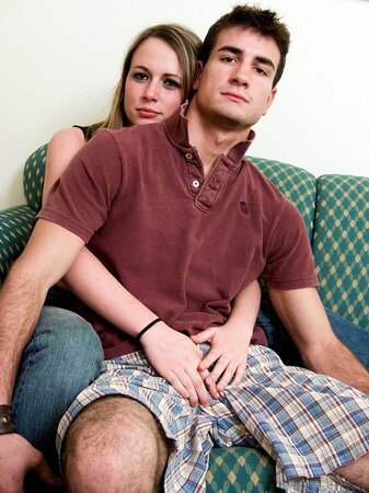 Cassie B kisses Gabe and poses naked with cum on her belly