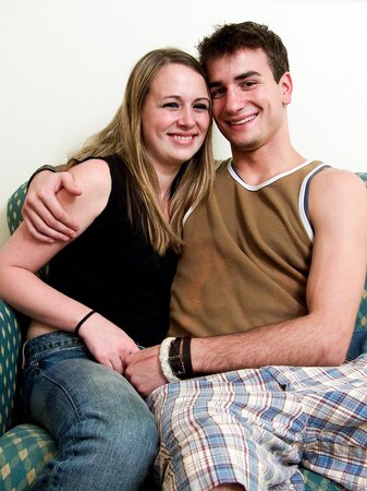 Cassie B kisses Gabe and poses naked with cum on her belly