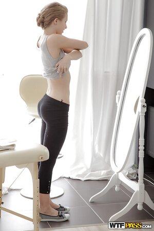 Iva Zan exposing her natural breasts and shaved hole by mirror