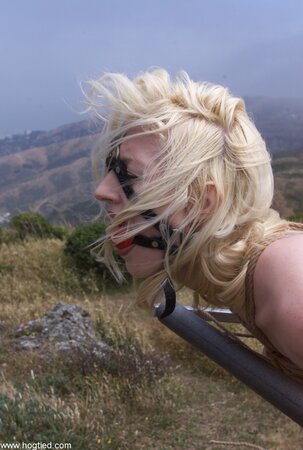 Cowgirl gets whipped while dragging her master up a hill