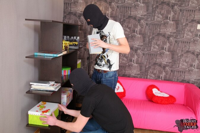 Pigtailed beauty gets fucked by two crazy kinky home invaders