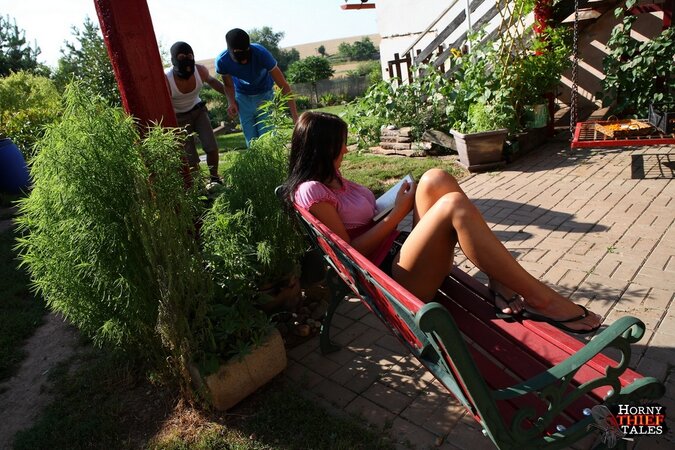 Alina is forced into a hardcore threesome by masked men on a patio