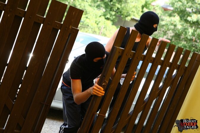 Brunette Klara gets spit-roasted by masked men outdoors