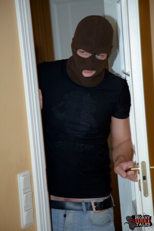 Cute teen Becky enjoys being stripped and fucked by two thieves