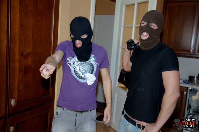 Cute teen Becky enjoys being stripped and fucked by two thieves