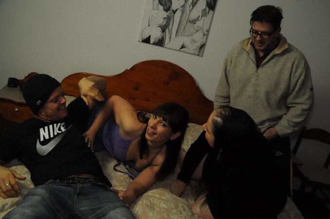 Amateur big-titted granny and horny MILF engage in a hardcore bedroom foursome