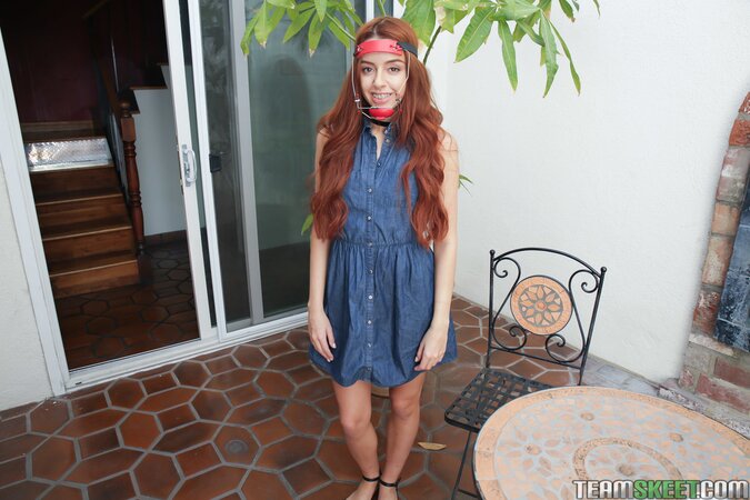 Cleo Bardot flashes small tits and pussy outdoors for Tyler