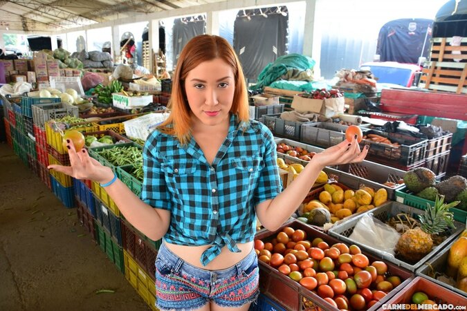 Redhead Catalina Colorado shops fruit in tight plaid shirt
