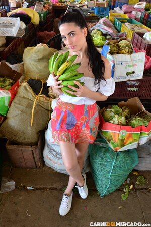 Market vendor Karol Higuita flashes shaved pussy in lingerie