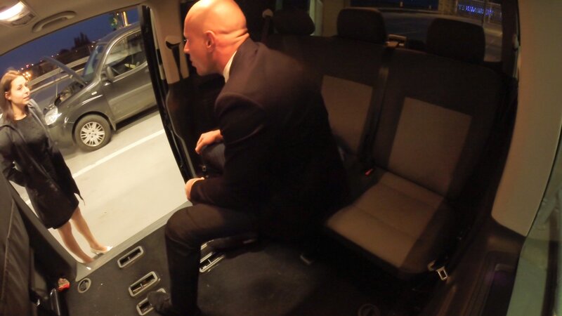 Brunette from Europe is going to fuck her bald-headed driver