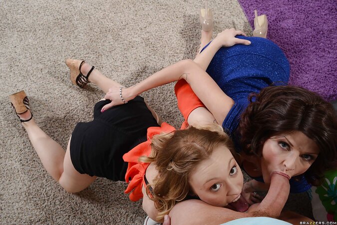 Joslyn James and Lucy Tyler suck cock in older-younger threesome