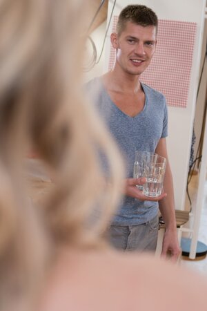 Blonde takes cock in a sexy way and she moans with him inside