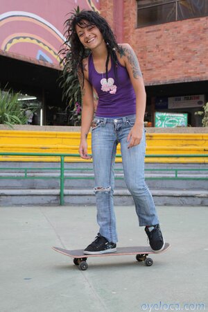 Skinny skater Diana Delgado exposes cute tattoos on stairs