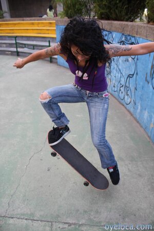 Skinny skater Diana Delgado exposes cute tattoos on stairs