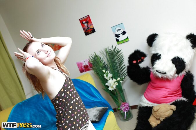 Horny teen shaved cunt pleased by panda toy