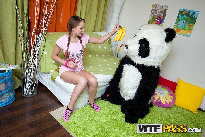 Albina hardcore fucked and facialed by guy in panda suit