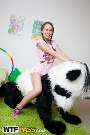 Albina hardcore fucked and facialed by guy in panda suit