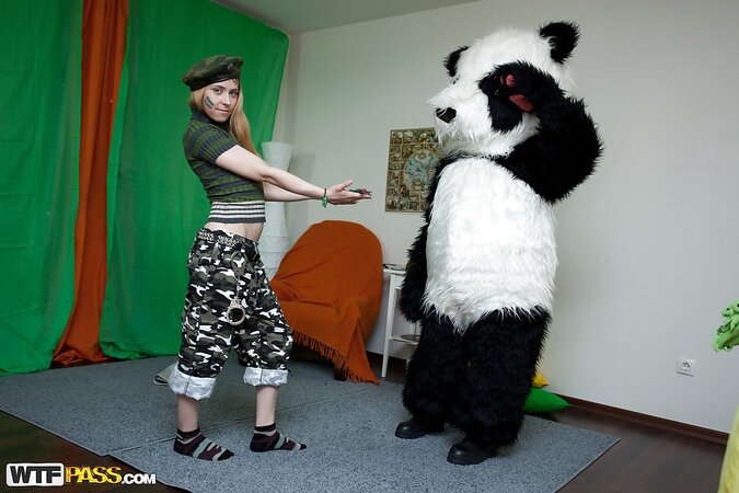 Panda toy is going to enjoy some punishing sex with a hot gal