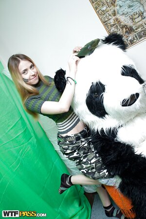 Panda toy is going to enjoy some punishing sex with a hot gal