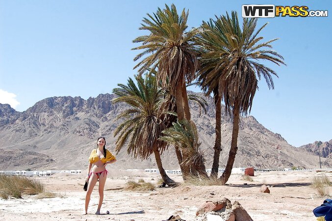 Brunette in sunglasses poses barely clothed big tits outdoors