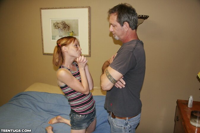 Smirking teen slut jerking off a much older dude here