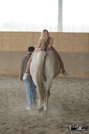 Lucky groom impales pretty faces of naive naked sluts crying in the stable