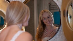 Blonde opens delivery then gets naked and toys on the couch