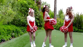 Lucky coach seduced by three young and naughty cheerleaders